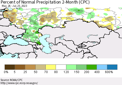 Russian Federation Percent of Normal Precipitation 2-Month (CPC) Thematic Map For 5/26/2023 - 7/25/2023