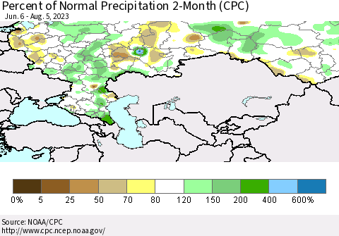 Russian Federation Percent of Normal Precipitation 2-Month (CPC) Thematic Map For 6/6/2023 - 8/5/2023
