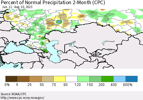 Russian Federation Percent of Normal Precipitation 2-Month (CPC) Thematic Map For 6/11/2023 - 8/10/2023