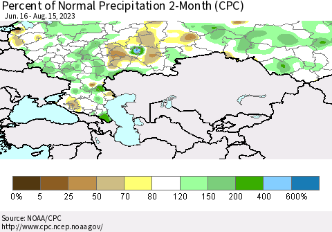 Russian Federation Percent of Normal Precipitation 2-Month (CPC) Thematic Map For 6/16/2023 - 8/15/2023