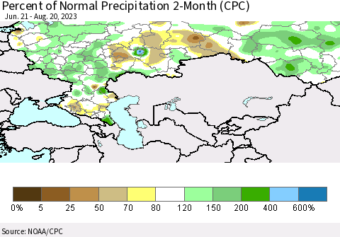 Russian Federation Percent of Normal Precipitation 2-Month (CPC) Thematic Map For 6/21/2023 - 8/20/2023