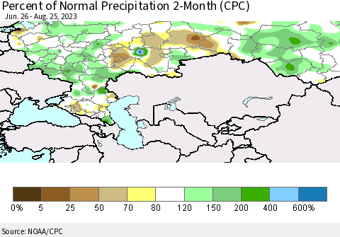 Russian Federation Percent of Normal Precipitation 2-Month (CPC) Thematic Map For 6/26/2023 - 8/25/2023
