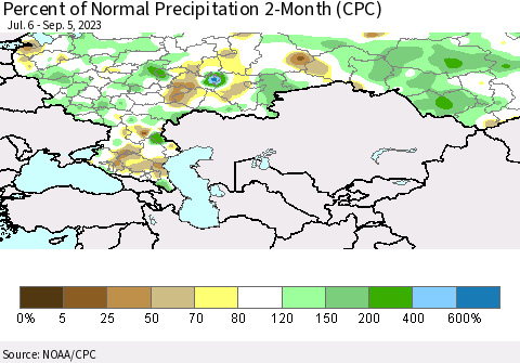 Russian Federation Percent of Normal Precipitation 2-Month (CPC) Thematic Map For 7/6/2023 - 9/5/2023