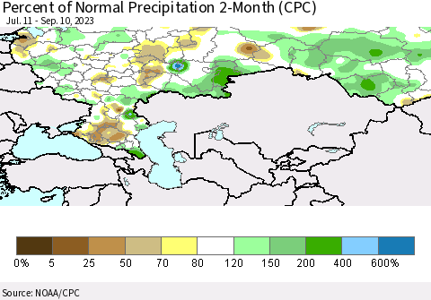 Russian Federation Percent of Normal Precipitation 2-Month (CPC) Thematic Map For 7/11/2023 - 9/10/2023