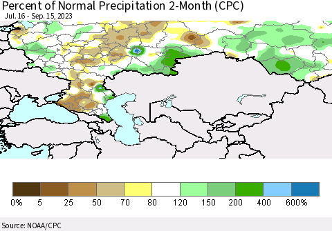 Russian Federation Percent of Normal Precipitation 2-Month (CPC) Thematic Map For 7/16/2023 - 9/15/2023
