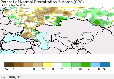 Russian Federation Percent of Normal Precipitation 2-Month (CPC) Thematic Map For 7/21/2023 - 9/20/2023