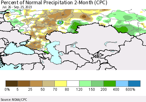 Russian Federation Percent of Normal Precipitation 2-Month (CPC) Thematic Map For 7/26/2023 - 9/25/2023