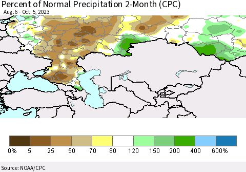 Russian Federation Percent of Normal Precipitation 2-Month (CPC) Thematic Map For 8/6/2023 - 10/5/2023