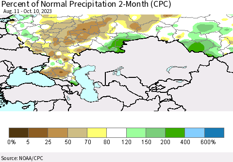 Russian Federation Percent of Normal Precipitation 2-Month (CPC) Thematic Map For 8/11/2023 - 10/10/2023