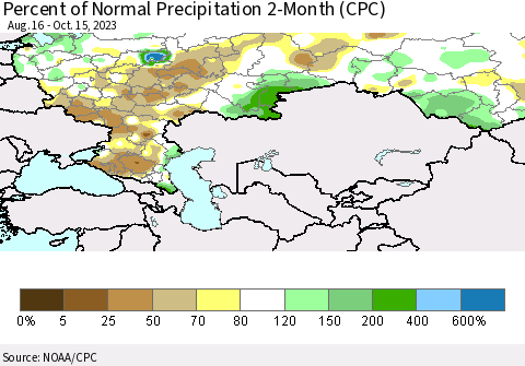 Russian Federation Percent of Normal Precipitation 2-Month (CPC) Thematic Map For 8/16/2023 - 10/15/2023