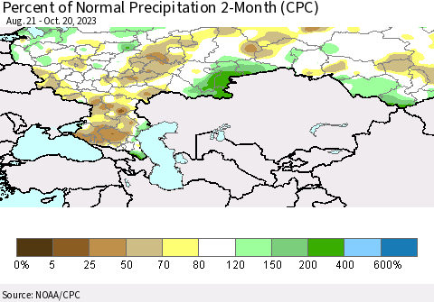 Russian Federation Percent of Normal Precipitation 2-Month (CPC) Thematic Map For 8/21/2023 - 10/20/2023