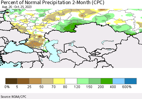 Russian Federation Percent of Normal Precipitation 2-Month (CPC) Thematic Map For 8/26/2023 - 10/25/2023