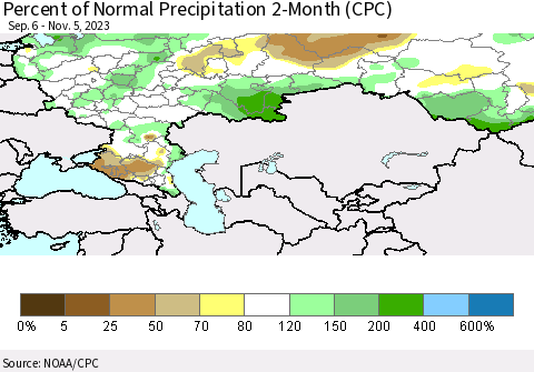Russian Federation Percent of Normal Precipitation 2-Month (CPC) Thematic Map For 9/6/2023 - 11/5/2023