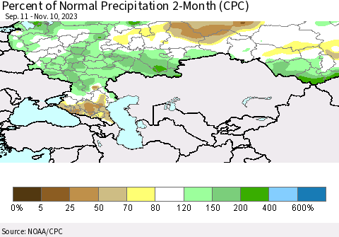 Russian Federation Percent of Normal Precipitation 2-Month (CPC) Thematic Map For 9/11/2023 - 11/10/2023