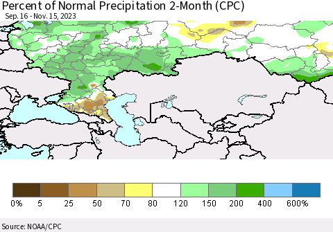 Russian Federation Percent of Normal Precipitation 2-Month (CPC) Thematic Map For 9/16/2023 - 11/15/2023
