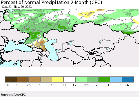 Russian Federation Percent of Normal Precipitation 2-Month (CPC) Thematic Map For 9/21/2023 - 11/20/2023