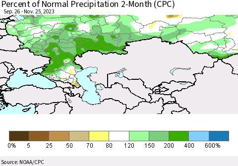 Russian Federation Percent of Normal Precipitation 2-Month (CPC) Thematic Map For 9/26/2023 - 11/25/2023