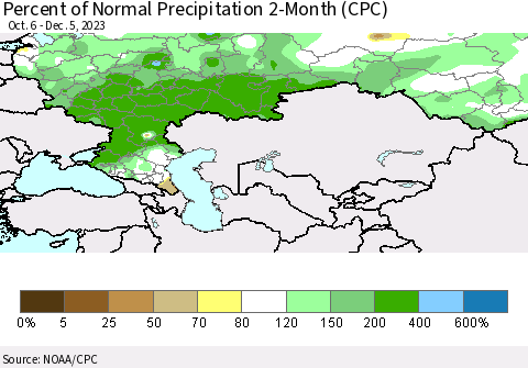 Russian Federation Percent of Normal Precipitation 2-Month (CPC) Thematic Map For 10/6/2023 - 12/5/2023