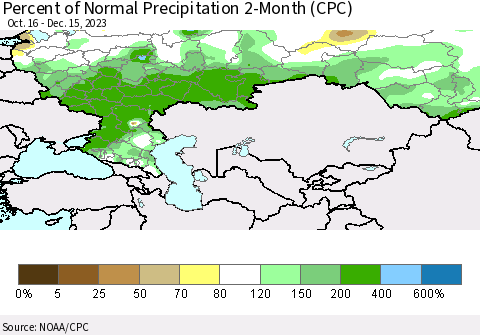 Russian Federation Percent of Normal Precipitation 2-Month (CPC) Thematic Map For 10/16/2023 - 12/15/2023