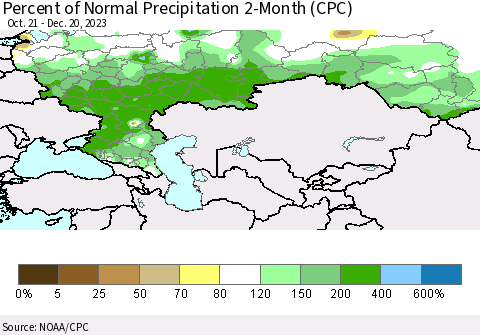Russian Federation Percent of Normal Precipitation 2-Month (CPC) Thematic Map For 10/21/2023 - 12/20/2023
