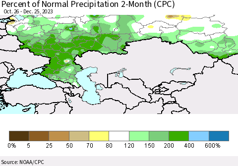 Russian Federation Percent of Normal Precipitation 2-Month (CPC) Thematic Map For 10/26/2023 - 12/25/2023