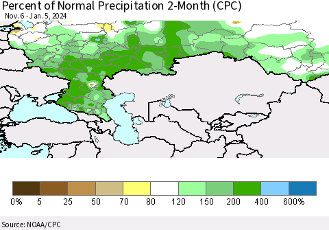 Russian Federation Percent of Normal Precipitation 2-Month (CPC) Thematic Map For 11/6/2023 - 1/5/2024