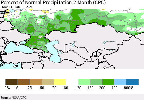 Russian Federation Percent of Normal Precipitation 2-Month (CPC) Thematic Map For 11/11/2023 - 1/10/2024
