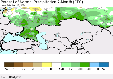 Russian Federation Percent of Normal Precipitation 2-Month (CPC) Thematic Map For 11/16/2023 - 1/15/2024