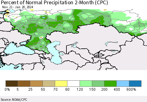 Russian Federation Percent of Normal Precipitation 2-Month (CPC) Thematic Map For 11/21/2023 - 1/20/2024