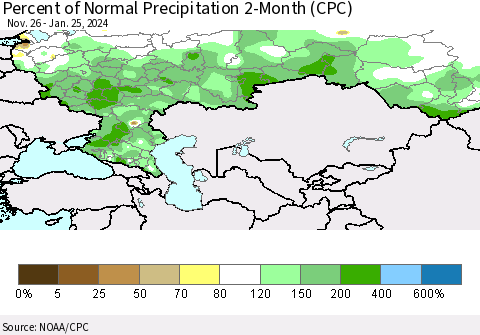 Russian Federation Percent of Normal Precipitation 2-Month (CPC) Thematic Map For 11/26/2023 - 1/25/2024