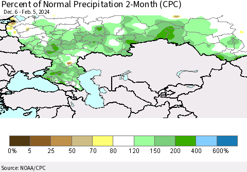 Russian Federation Percent of Normal Precipitation 2-Month (CPC) Thematic Map For 12/6/2023 - 2/5/2024