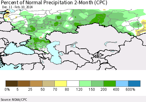 Russian Federation Percent of Normal Precipitation 2-Month (CPC) Thematic Map For 12/11/2023 - 2/10/2024