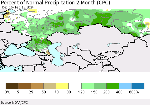 Russian Federation Percent of Normal Precipitation 2-Month (CPC) Thematic Map For 12/16/2023 - 2/15/2024