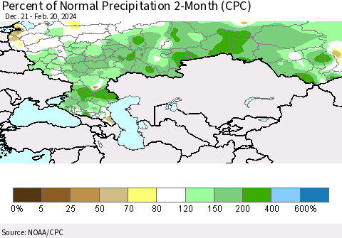 Russian Federation Percent of Normal Precipitation 2-Month (CPC) Thematic Map For 12/21/2023 - 2/20/2024
