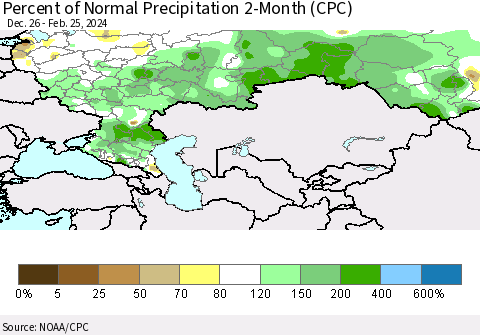 Russian Federation Percent of Normal Precipitation 2-Month (CPC) Thematic Map For 12/26/2023 - 2/25/2024