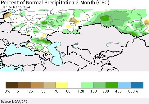 Russian Federation Percent of Normal Precipitation 2-Month (CPC) Thematic Map For 1/6/2024 - 3/5/2024