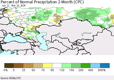Russian Federation Percent of Normal Precipitation 2-Month (CPC) Thematic Map For 1/11/2024 - 3/10/2024