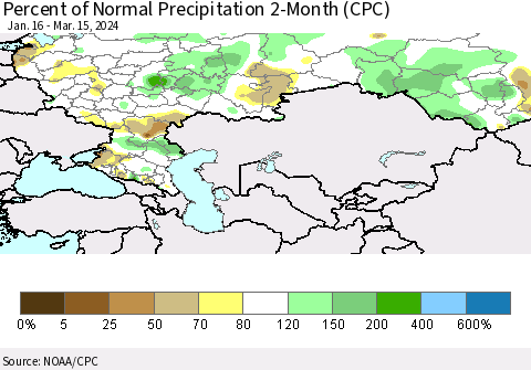 Russian Federation Percent of Normal Precipitation 2-Month (CPC) Thematic Map For 1/16/2024 - 3/15/2024