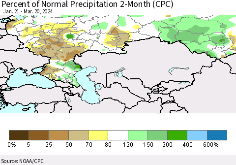 Russian Federation Percent of Normal Precipitation 2-Month (CPC) Thematic Map For 1/21/2024 - 3/20/2024