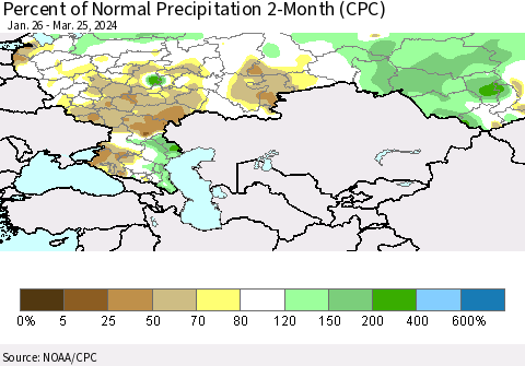 Russian Federation Percent of Normal Precipitation 2-Month (CPC) Thematic Map For 1/26/2024 - 3/25/2024