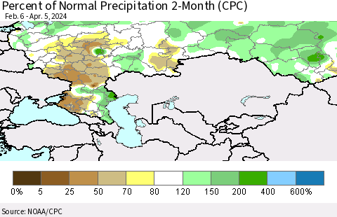 Russian Federation Percent of Normal Precipitation 2-Month (CPC) Thematic Map For 2/6/2024 - 4/5/2024