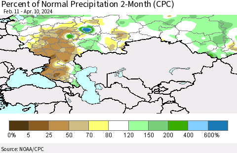 Russian Federation Percent of Normal Precipitation 2-Month (CPC) Thematic Map For 2/11/2024 - 4/10/2024