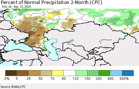 Russian Federation Percent of Normal Precipitation 2-Month (CPC) Thematic Map For 2/16/2024 - 4/15/2024