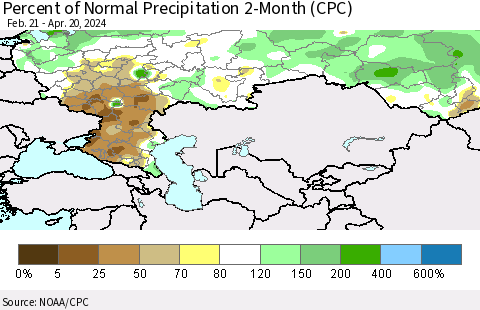 Russian Federation Percent of Normal Precipitation 2-Month (CPC) Thematic Map For 2/21/2024 - 4/20/2024