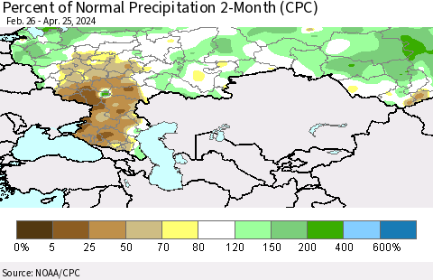 Russian Federation Percent of Normal Precipitation 2-Month (CPC) Thematic Map For 2/26/2024 - 4/25/2024