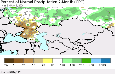 Russian Federation Percent of Normal Precipitation 2-Month (CPC) Thematic Map For 3/6/2024 - 5/5/2024