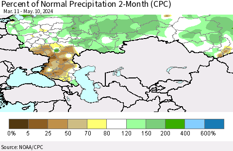 Russian Federation Percent of Normal Precipitation 2-Month (CPC) Thematic Map For 3/11/2024 - 5/10/2024