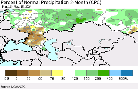 Russian Federation Percent of Normal Precipitation 2-Month (CPC) Thematic Map For 3/16/2024 - 5/15/2024
