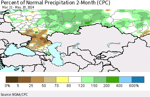 Russian Federation Percent of Normal Precipitation 2-Month (CPC) Thematic Map For 3/21/2024 - 5/20/2024
