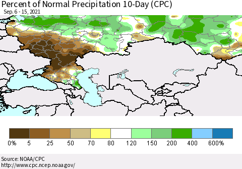 Russian Federation Percent of Normal Precipitation 10-Day (CPC) Thematic Map For 9/6/2021 - 9/15/2021